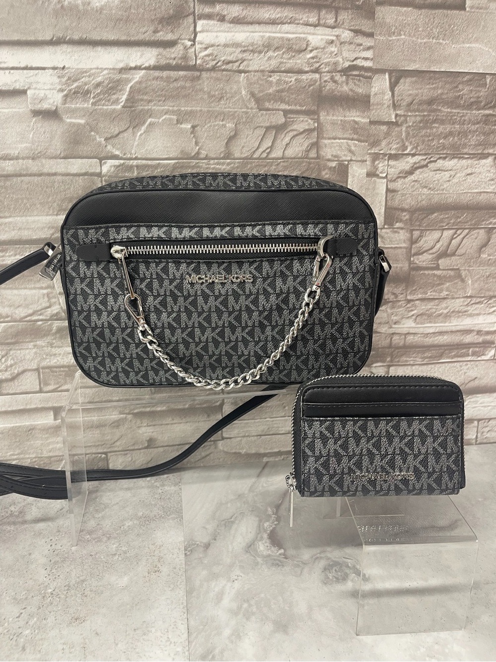 Michael Kors Metallic Logo Chain Crossbody & Matching Wallet Silver Black